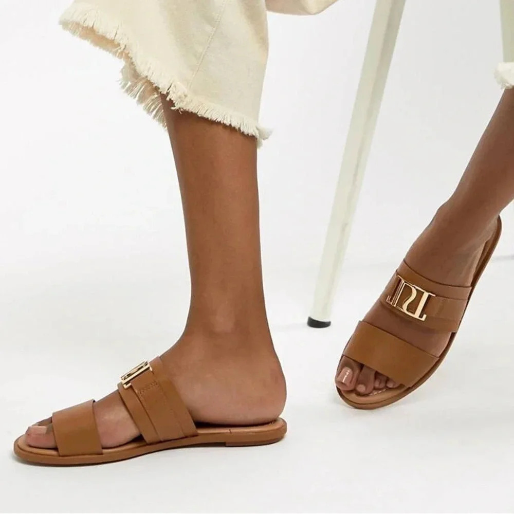 ASOS sandals River Island Double Strap Sliders slides flats brown nude gold - Picture 6 of 6